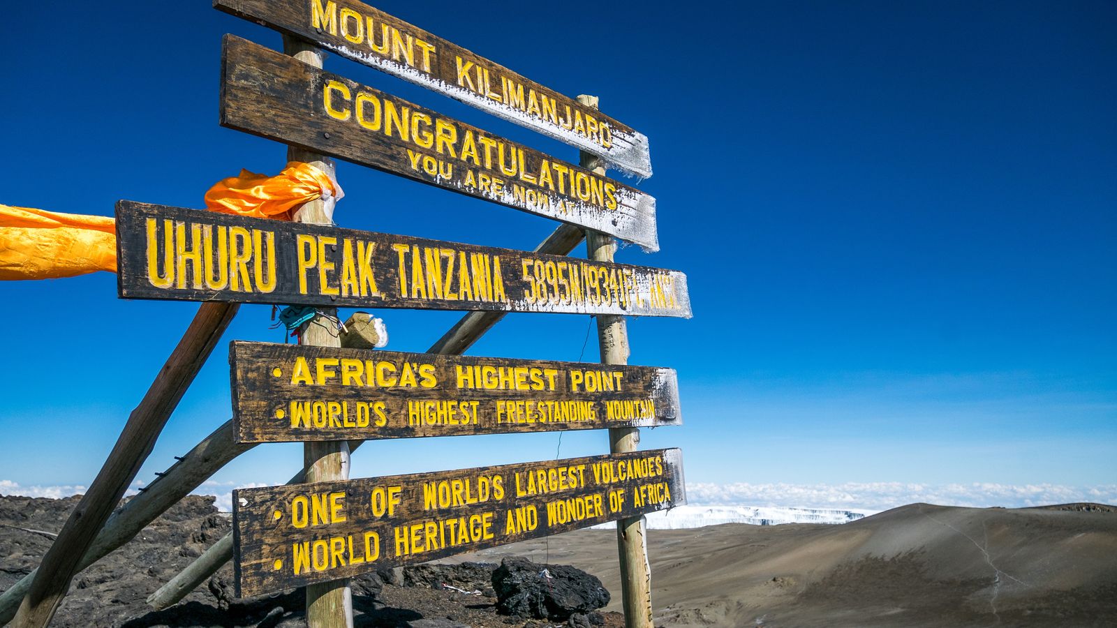 The summit sign at Uhuru Peak, the highest point on Mount Kilimanjaro